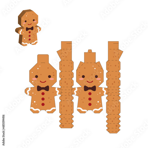 Simple packaging favor box gingerbread man design for sweets, candies, small presents. Party package template. Print, cut out, fold, glue. Vector stock illustration