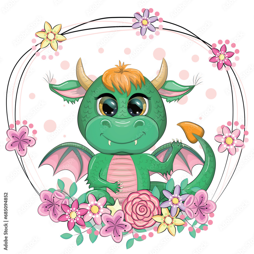 Fototapeta premium Cute cartoon green baby dragon with horns and wings. Symbol of 2024 according to the Chinese calendar. Funny mythical monster reptile