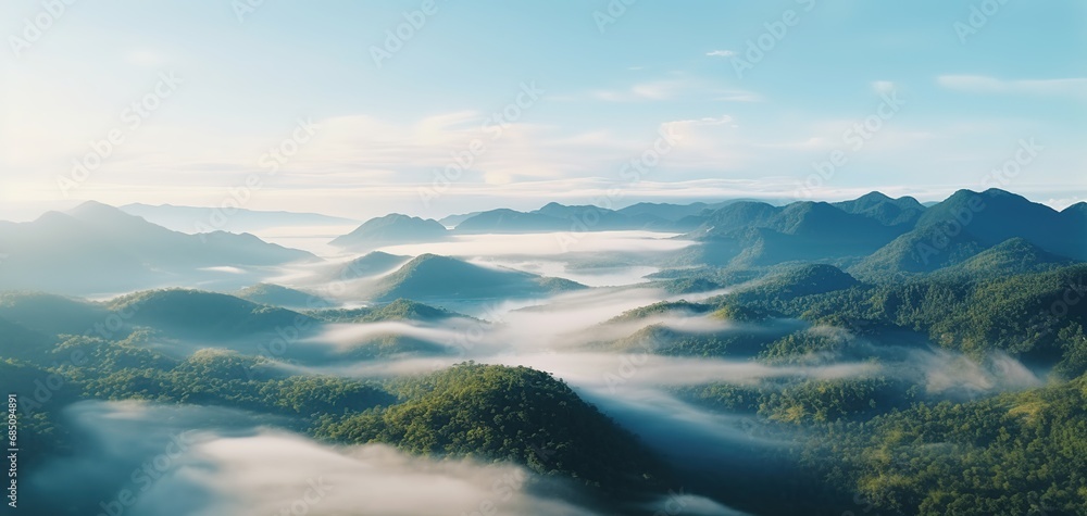 Foggy landscape in the jungle. Fog and cloud mountain tropic valley landscape. aerial view, wide misty panorama