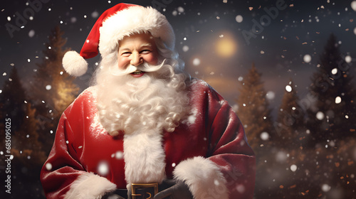 Happy Santa Claus with Christmas lighting snow bokeh background with copy space, Happy Santa Claus Christmas banner with decoration background, Christmas festival decoration © Fahad