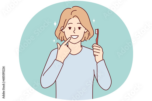 Smiling girl with toothbrush show at white clean teeth. Happy child recommend teeth brushing and oral care. Dental care concept. Vector illustration.