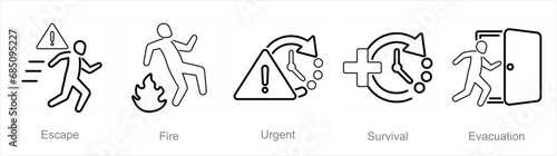 A set of 5 Emergency icons as escape, fire, urgent