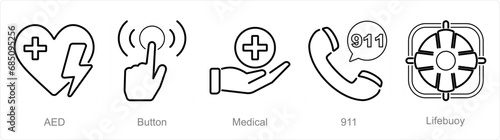 A set of 5 Emergency icons as aed, button, medical