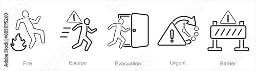 A set of 5 Emergency icons as fire, escape, evacuation
