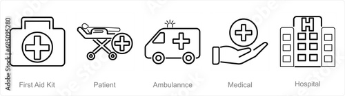 A set of 5 Emergency icons as first aid kit, patient, ambulance