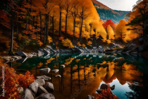 A rocky trail ascending a hill, offering panoramic views of a tranquil lake surrounded by a tapestry of autumnal colors and reflected in the clear water below.