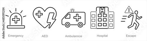 A set of 5 Emergency icons as emergency, aed, ambulance