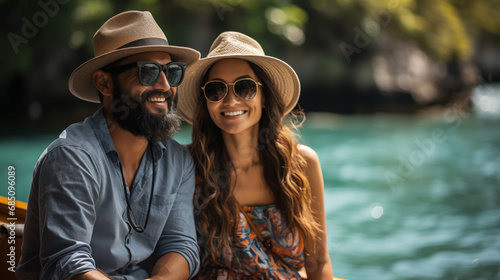 Cheerful couple in straw hats and sunglasses enjoying a boat ride on a sunny day