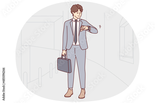 Young businessman in suit look at watch checking time. Male employee or worker think of meeting deadline or missing appointment. Time management. Vector illustration.