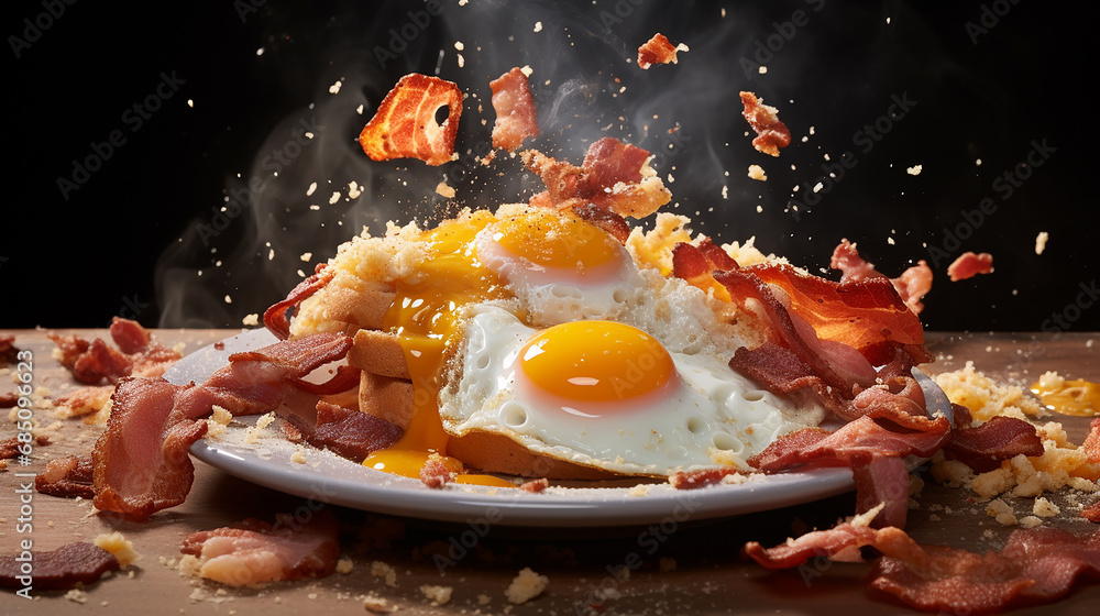 Big breakfast with bacon and scrambled eggs image in the dark background - obrazy, fototapety, plakaty 