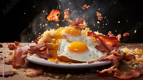 Leinwand Poster Big breakfast with bacon and scrambled eggs image in the dark background