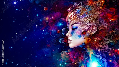 Woman's face with space background and stars in the background.