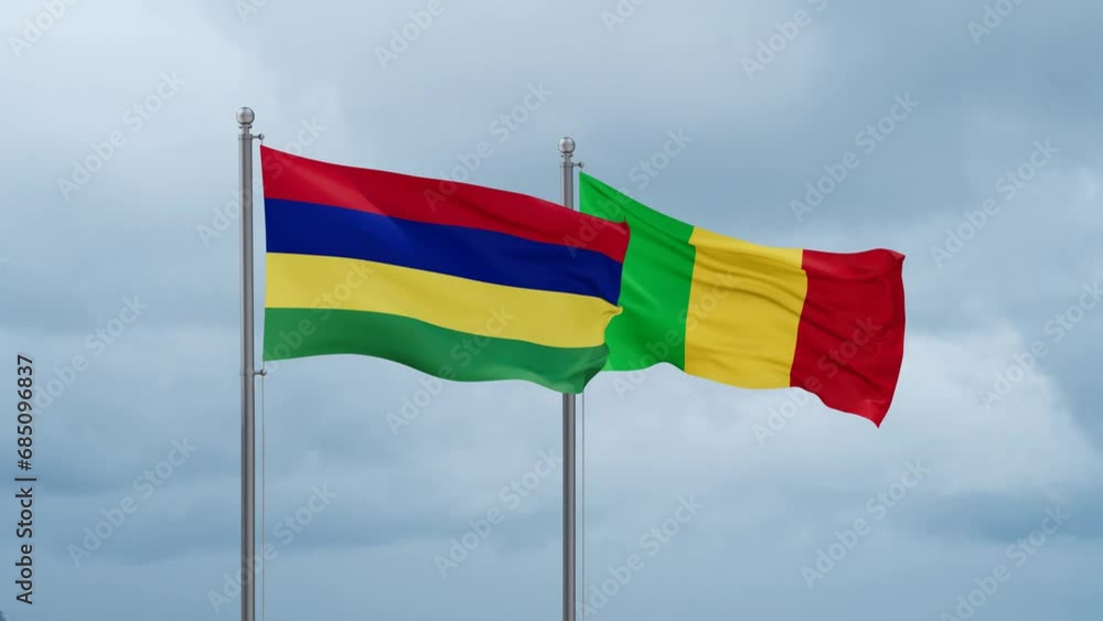 Mali and Mauritius flags waving together on cloudy sky, endless seamless loop, two country relations concept Mali and Mauritius flags waving together on cloudy sky, endless seamless loop, two country relations concept