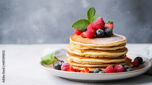 Breakfast composition with fresh pancakes and berries