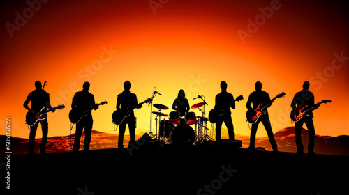 Group of people that are standing in front of sunset with guitars.