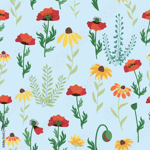 Seamless pattern with red poppies, white chamomile flowers, yellow rudbeckia. Summer flower field, meadow.