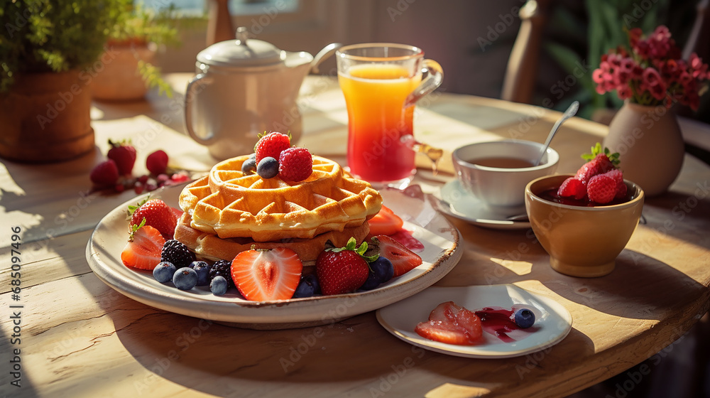 breakfast on table with waffles croissants coffee and berries