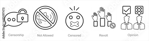A set of 5 Freedom of Speech icons as censorship, not allowed, censored