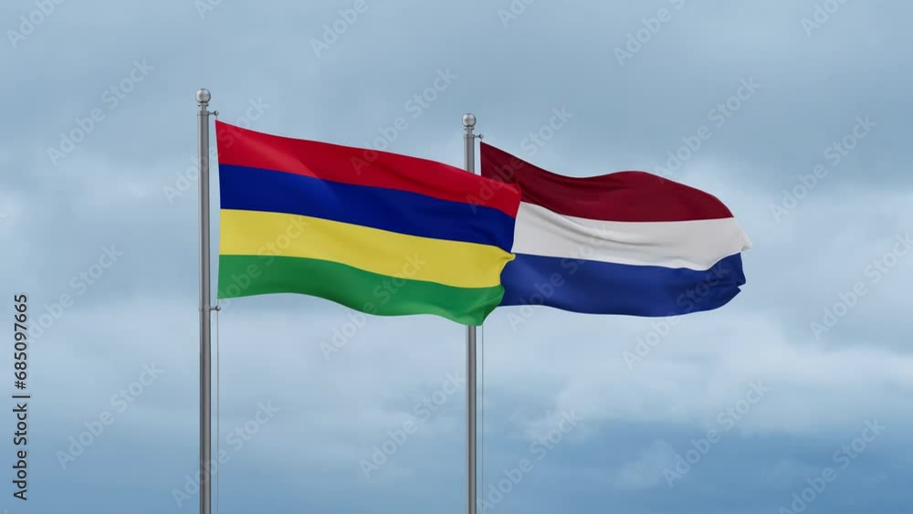 Netherlands flag and Mauritius flag waving together on cloudy sky, endless seamless loop, two country relations concept Netherlands flag and Mauritius flag waving together on cloudy sky, endless seamless loop, two country relations concept