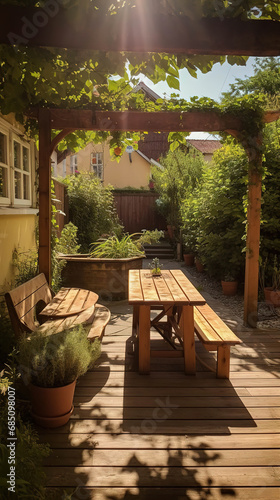 Serenity in the Sun: A Wooden Picnic Table in a Sunny Garden © Moon