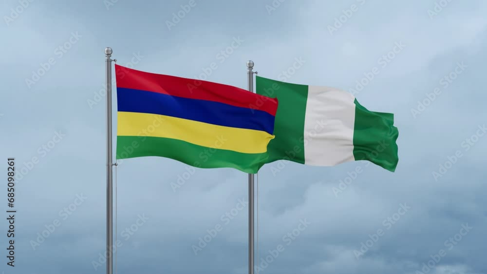 Nigeria flag and Mauritius flag waving together on cloudy sky, endless seamless loop, two country relations concept Nigeria flag and Mauritius flag waving together on cloudy sky, endless seamless loop, two country relations concept