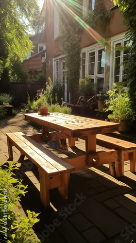 Serenity in the Sun: A Wooden Picnic Table in a Sunny Garden