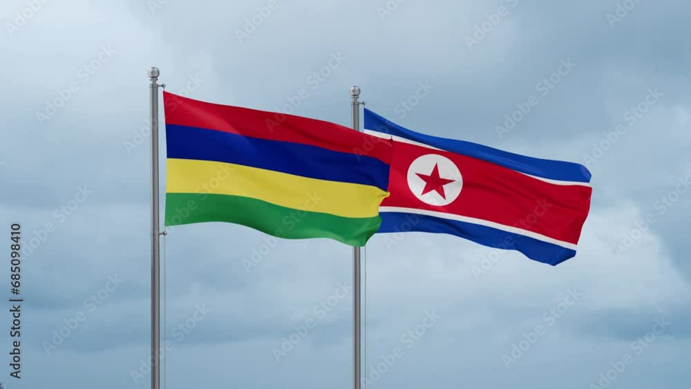 North Korea and Mauritius flag waving together on cloudy sky, endless seamless loop North Korea and Mauritius flag waving together on cloudy sky, endless seamless loop