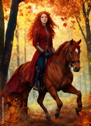 Bright, ultra red-haired, with freckles. The sun, the autumn forest, fantastic beauty. riding a red horse. Curls. Ultra-detailed medieval clothing