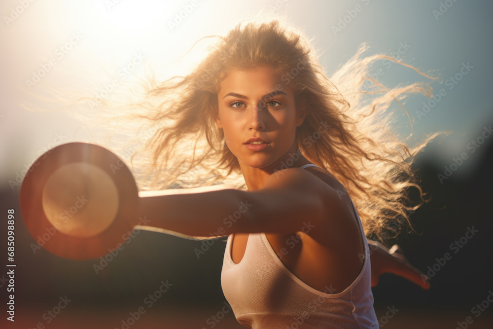 Female athlete in discus throw pose. The concept is athletic