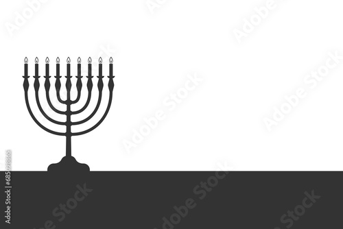 Menorah candelabrum with nine lit candles graphic icon. Candlestick in the form of a menorah on surface with blank space for text. Sign isolated on white background. Vector illustration