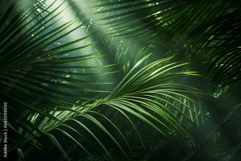 Fototapeta premium Close up Green Palm Tree Leaves with Harsh Shadows from the Sun Generated AI