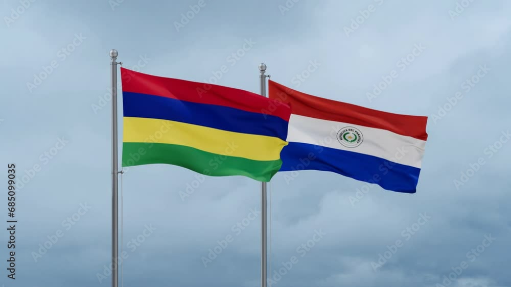 Paraguay flag and Mauritius flag waving together on cloudy sky, endless seamless loop, two country relations concept Paraguay flag and Mauritius flag waving together on cloudy sky, endless seamless loop, two country relations concept