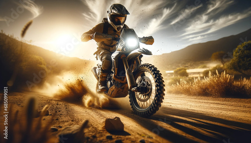 A Dynamic and Action-Packed Scene Showing a Motorcyclist Riding Aggressively on A Dirt Road © zephyr_moonstone