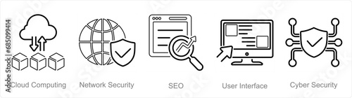 A set of 5 Hard Skills icons as cloud computing, network security, seo