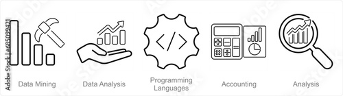 A set of 5 Hard Skills icons as data mining, data analysis, programming languages