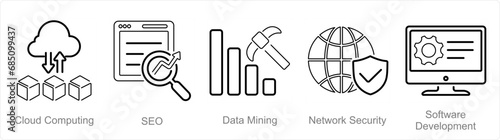 A set of 5 Hard Skills icons as cloud computing, seo, data mining