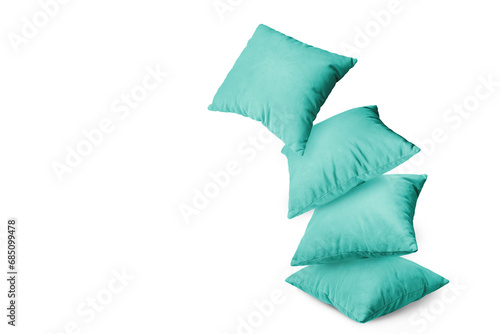 Stack of turquoise pillows isolated on white, transparent background, PNG. Pile of decorative cushions for sleeping and resting, home interior, house decor.