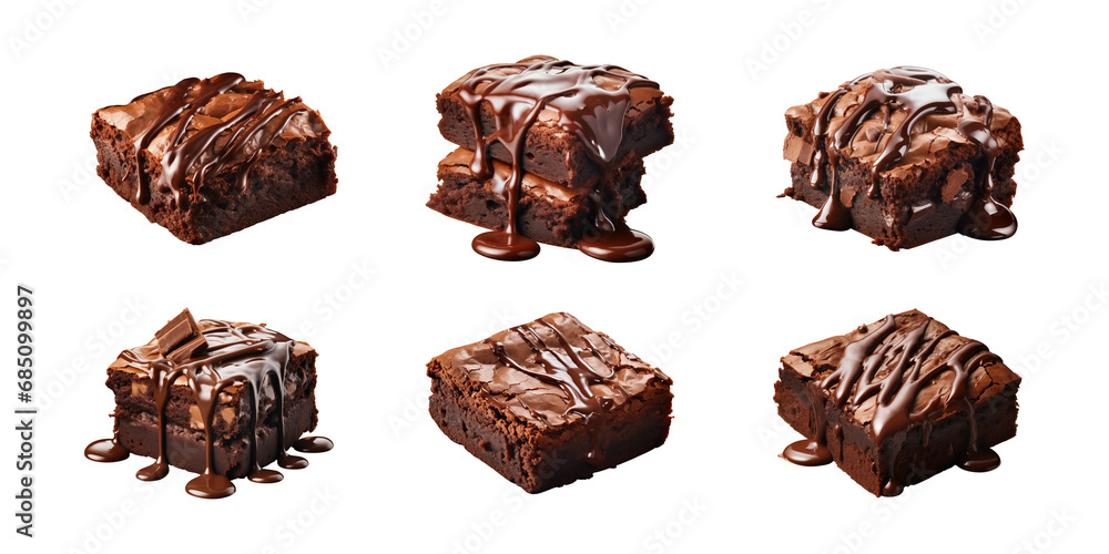 Collection set piece of tasty chocolate brownie isolated on a transparent background - obrazy, fototapety, plakaty 