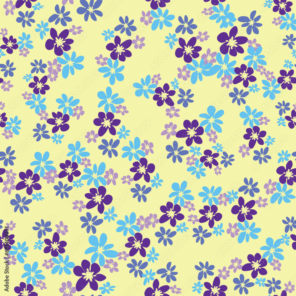 Floral seamless pattern with titian, lavender, blue, purple chamomile flower and leaves on pastel background