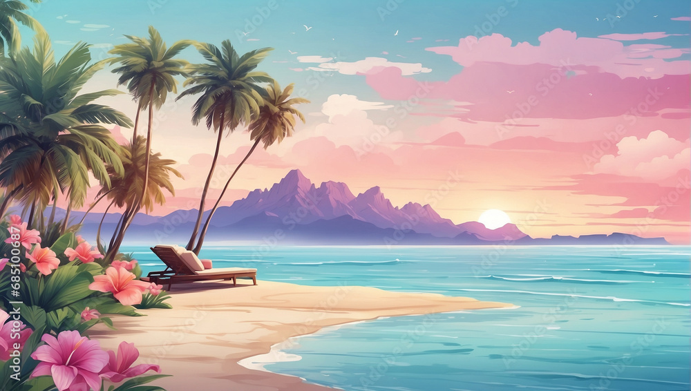 Obraz premium Tropical beach vacation with an amazing landscape at sunset