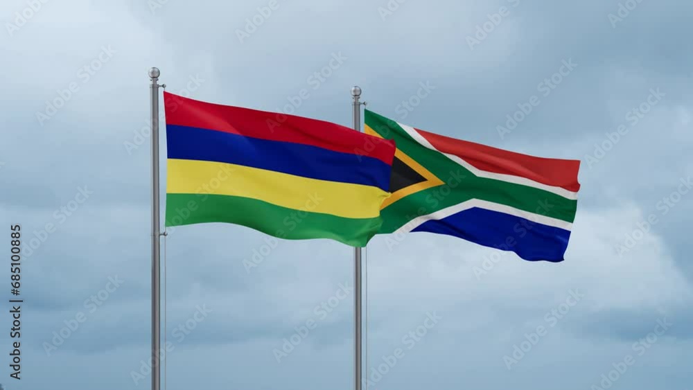 Republic of South Africa and Mauritius flag waving together on cloudy sky, endless seamless loop, two country cooperation concept Republic of South Africa and Mauritius flag waving together on cloudy sky, endless seamless loop, two country cooperation concept