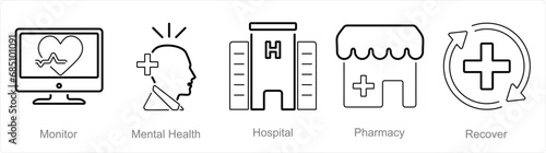 A set of 5 Health Checkup icons as monitor, mental health, hospital
