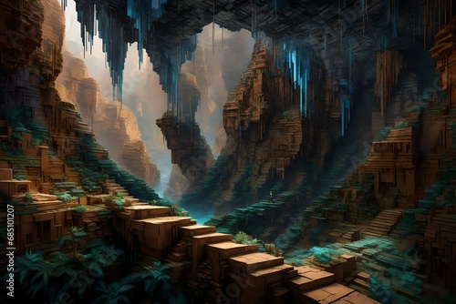 "Roam through a pixelated canyon where holographic echoes of ancient civilizations linger on the walls. 