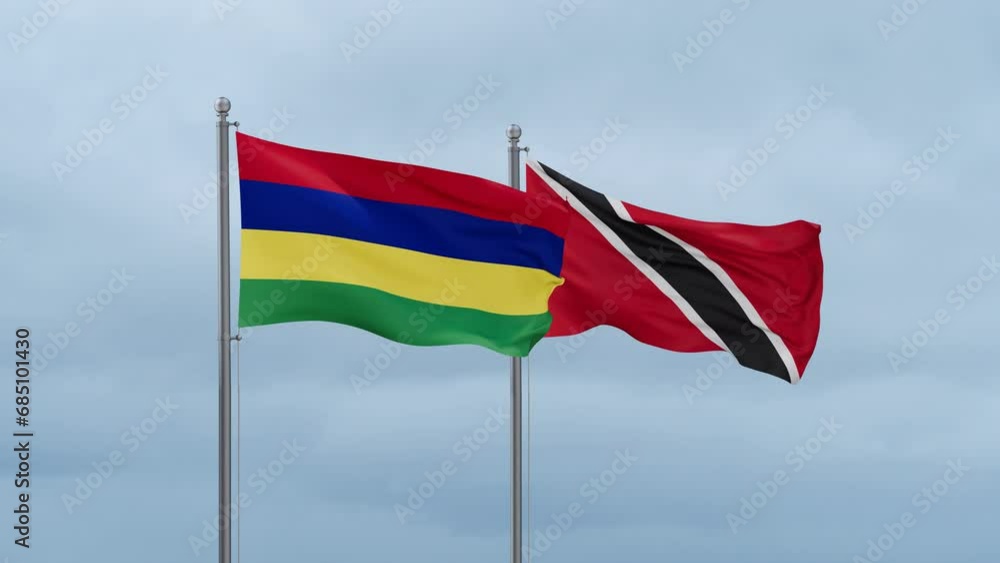 Trinidad and Tobago and Mauritius flag waving together on cloudy sky, endless seamless loop, two country cooperation concept Trinidad and Tobago and Mauritius flag waving together on cloudy sky, endless seamless loop, two country cooperation concept