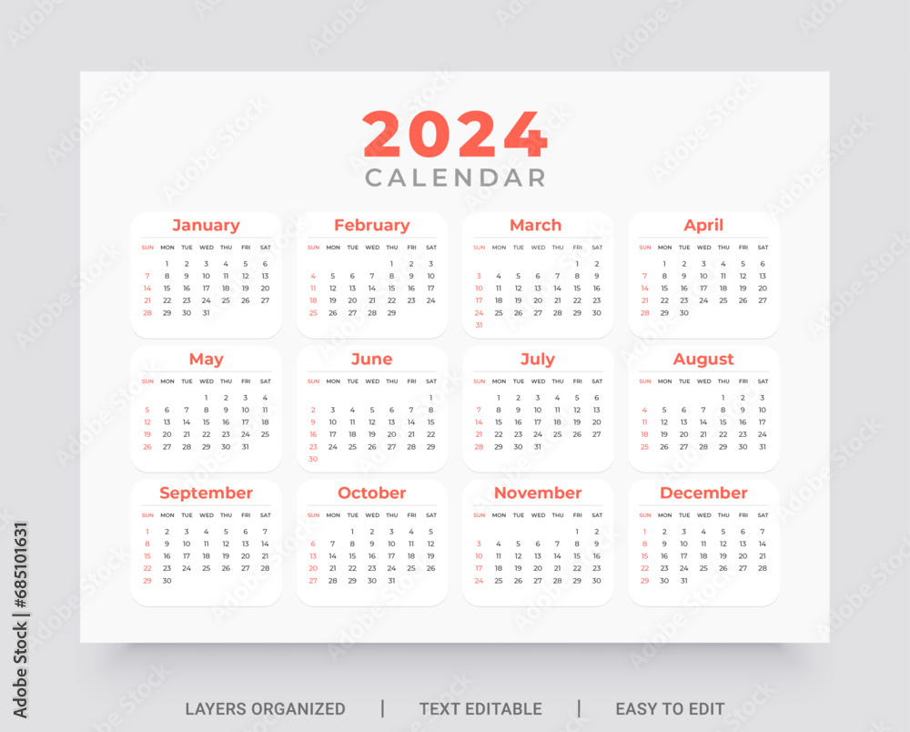 2024 Calendar template design. The week starts on Sunday.