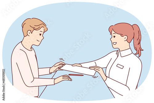 Woman receptionist give document to sign for client in hotel. Female administrator hand paperwork for customer for signature at reception. Vector illustration.