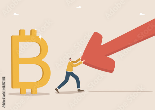 Financial or economic improvement during cryptocurrency market crash, stabilizing value of digital currency, risky game in stock exchange, countering inflation, man protects bitcoin from arrow.