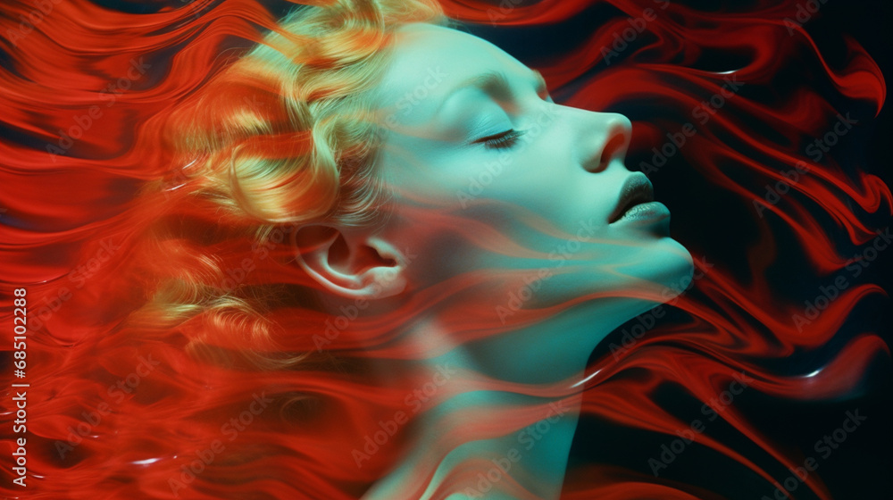 Abstract patterns resembling waves of cerebral creativity enveloping a person in an exploratory pose, capturing the flowing and transformative essence of creative ideas in design.