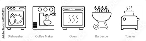 A set of 5 Home Appliance icons as dishwasher, coffee maker, oven