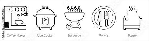A set of 5 Home Appliance icons as coffee maker, rice cooker, barbecue